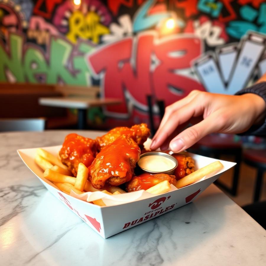 Tray of saucy buffalo wings and fries with ranch