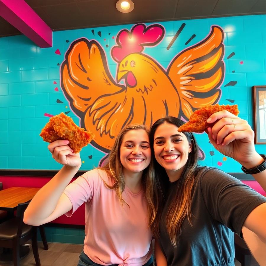 Two friends holding up wings in front of the chicken mural