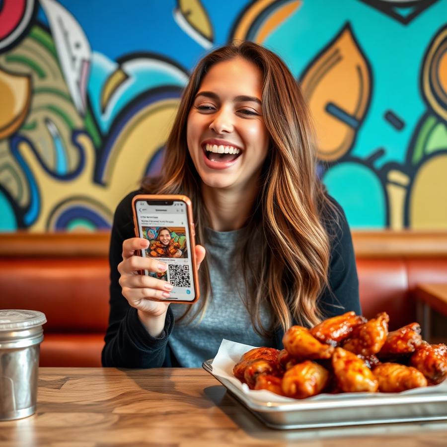 Customer showing off her winning prize QR coupon next to a tray of wings